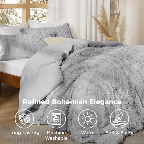 Bedsure Tufted Boho Comforter Set Twin Size - Light Grey Boho Bed Set, GentleSoft™ 2 Pieces Farmhouse-Style Embroidery