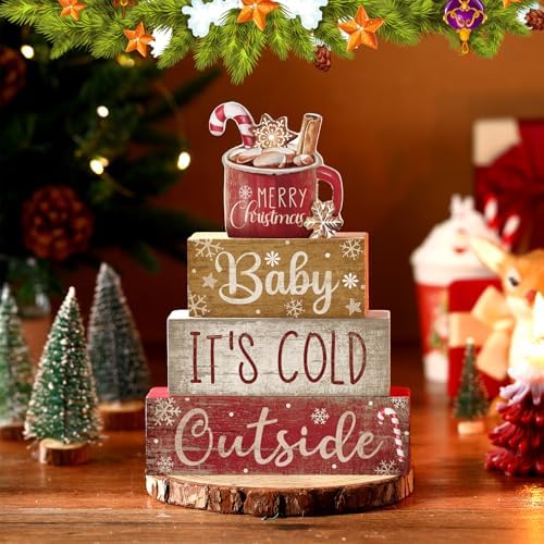 Moucuny 4 Pcs Christmas Table Decorations Indoor, Hot Cocoa Wood Block Sign