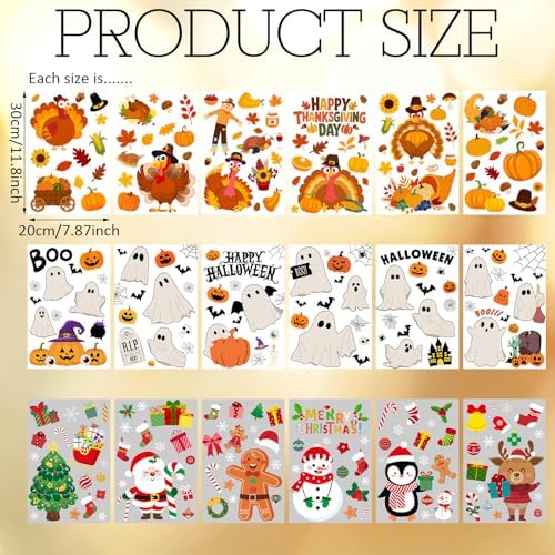 Cholemy 18 Sheets Holiday Window Clings, Halloween Thanksgiving Christmas