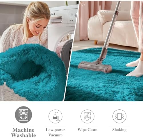 OLANLY Teal Round Rugs for Bedroom - Machine Washable, 6 ft Circle Area Rugs for Living Room, Soft and Fluffy Shaggy