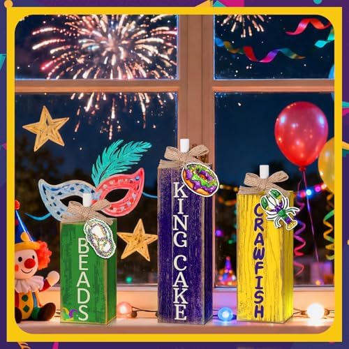 GlikCeil 3 Pcs Mardi Gras Table Decor Carnival Table Centerpiece Decorations Square Wood Mardi Gras Block Sign with Wooden Plaque and Bows for Home Carnival Party Desk Kitchen Decor
