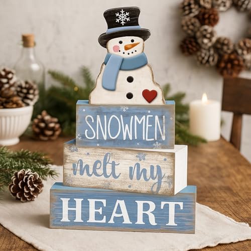 Moucuny 4 Pcs Snowman Block Signs Farmhouse Table Decoration Wood