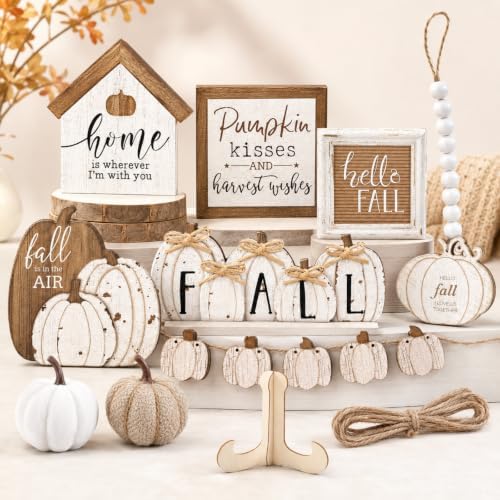 Reallnaive 18 Pcs Fall Thanksgiving Tiered Tray Decor Set Pumpkin Wood Sign Hello Fall Rustic Farmhouse Tray Decoration Tabletop Sign for Autumn Home Kitchen Festival (Neutral)