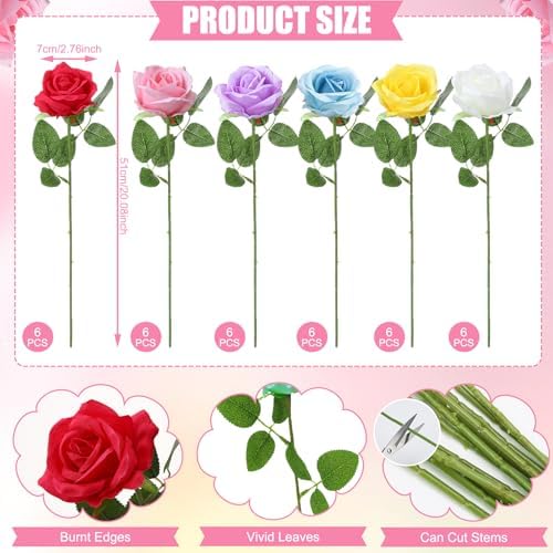 36 Pcs Mixed 6 Color Artificial Roses with Long Stems