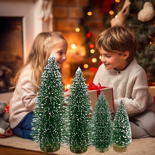 Yahpetes Christmas Trees 8 Pcs Mini Christmas Trees Decor Artificial Christmas Tree Bottle Brush Trees Sisal Snow Pine Trees for DIY Crafts Home Table Decor (8 Pcs Green)