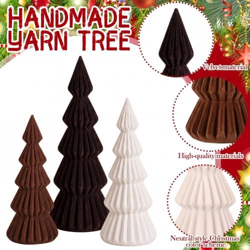 Set of 3 Velvet Ceramic Christmas Tree Decor, Brown,White,Coffee