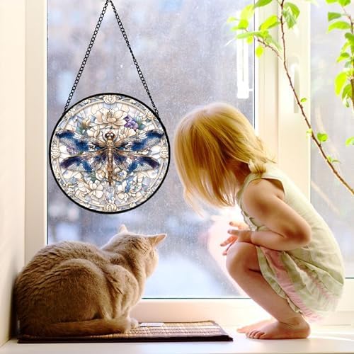 Dragonfly White Florals Stained Glass Window Hanging Suncatcher Gifts 9.8"