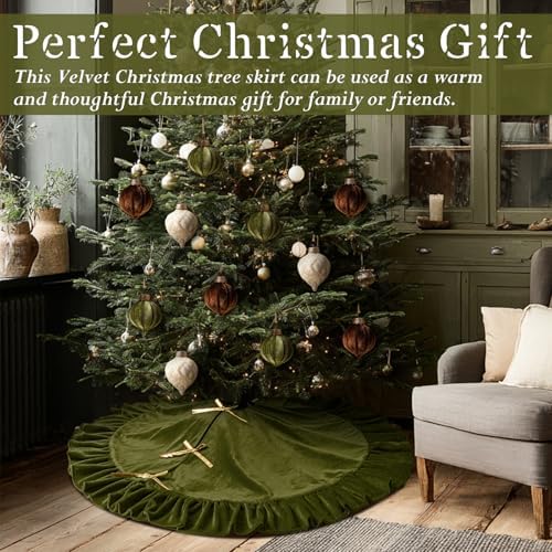 Velvet Christmas Tree Skirt, 60 Inches, Bow Style, Olive Green
