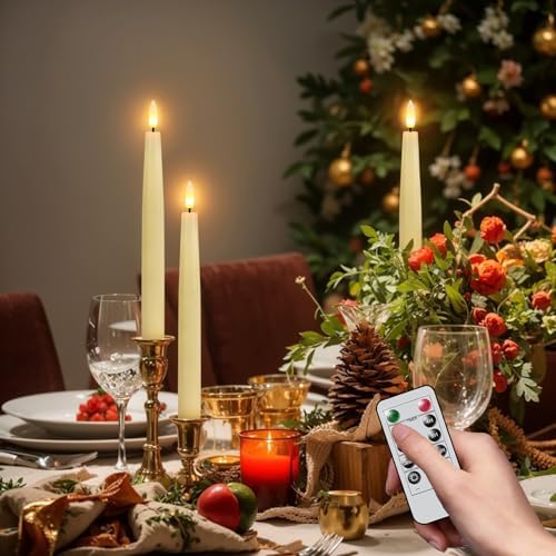 GenSwin Christmas Window Candles with Remote Timer, 3 Pcs Battery Operated Window Candles, Real Wax LED Flameless Taper Candle with Black Flameless Candlesticks for Home Decor(Ivory)