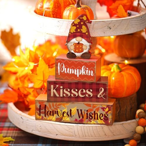4 Pcs Fall Decor for Home Gnomes Pumpkin Wooden Signs with Harvest Wishes
