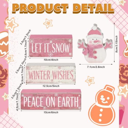 Colingmill 4 Pcs Pink Snowman Christmas Table Decor Winter Wooden Snowman