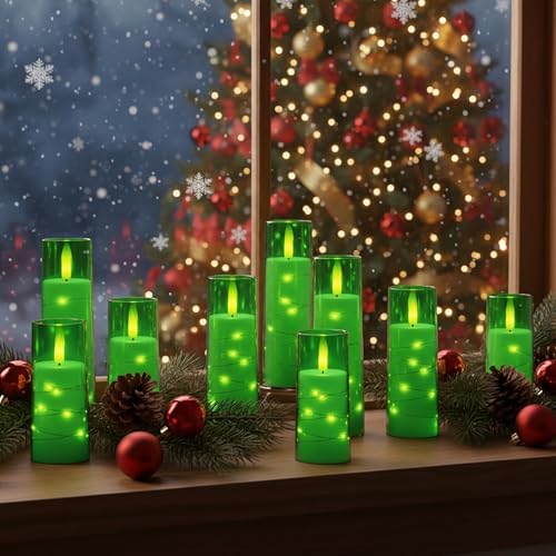 Raycare Flameless Battery Operated Pillar Candles with Remote Timer, Green