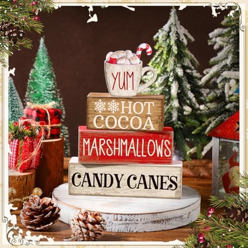 Moucuny 4 Pcs Christmas Table Decorations, Hot Cocoa Bar Wooden Block Signs