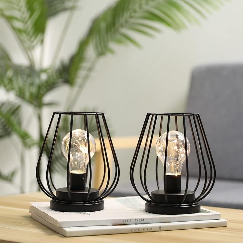 TRIROCKS Set of 2 Metal Battery Operated Lamp 7'' Tall mini Cage Shape Cordless Table Lamp Battery Lanterns with Warm