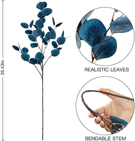 Sggvecsy 6 Pcs Eucalyptus Leaves Artificial Eucalyptus Stems Long Silver Dollar Leaves Faux Leaf Branches Fake Silk Eucalyptus for Spring Summer Home Festival Thanksgiving Christmas Decor (Blue)