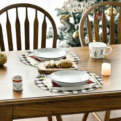 Artoid Mode Waterclor Buffalo Plaid Christmas Trees Merry Xmas Round Placemats Set of 8, 14 Inch Seasonal Winter Round Table Mats for Dining Decoration