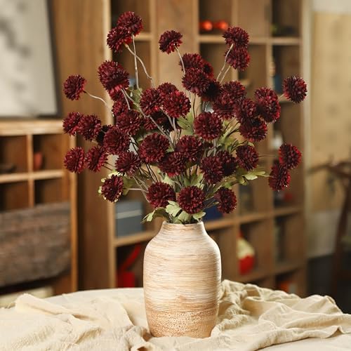 DuHouse 6pcs Faux Silk Pompon Mum Small Chrysanthemum Ball Burgundy