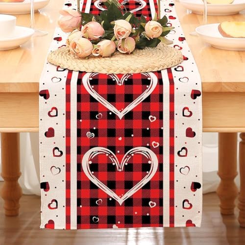 Niviy Plaid Love Hearts Valentines Table Runner 13 x 60 Inch, Wedding Seasonal Holiday Anniversary Decoration for Indoor Home Party