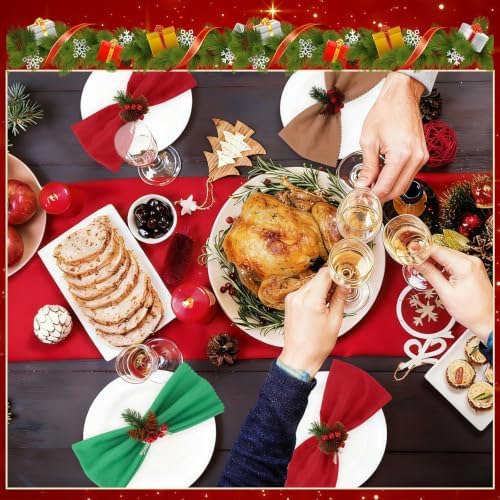 LemonRoad 36 Pcs Christmas Cloth Napkins and Napkin Ring Holders, Reusable Fabric with Pine Needle Red Fruit Napkin Rings for Xmas Table Decor, Banquet, Holiday Dinner Party, Wedding Party Supplies