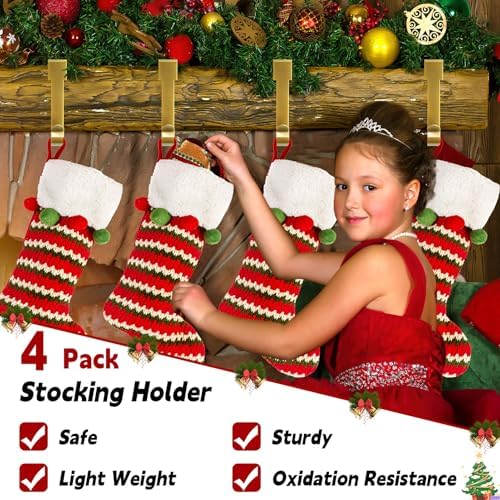 Gold Stocking Holdears for Mantle Set of 4, Christmas Stocking Holders, Stocking Hangers Hooks for Mantle for Christmas Ornaments for Counter Tables, Fireplace Mantle Decoration