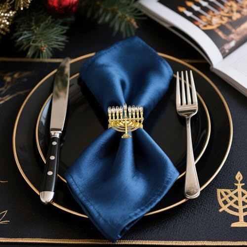 Hanukkah Menorah Napkin Rings Set of 12 for Chanukah Christmas Eve Thanksgiving New Year Family Dining,Candlestick Napkin Rings Holder for Jewish Themed Wedding Brithday Holiday Table Decor