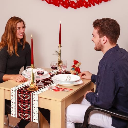 Niviy Plaid Love Hearts Valentines Table Runner 13 x 108 Inch, Wedding Seasonal Holiday Anniversary Decoration for Indoor Home Party