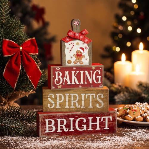 Lineshading 4 Pcs Gingerbread Baking Wood Block Signs, Farmhouse Decor
