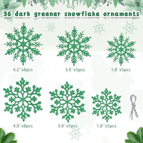 Dark Green Christmas Snowflake Ornaments- 36Pcs Plastic Glitter Hanging Snow Flakes for Christmas Tree Decorations Winter Wonderland Frozen Birthday Party Holiday Home Decor Craft Snowflakes