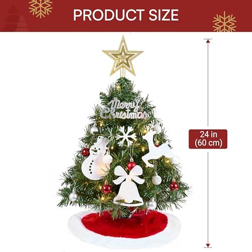 JOIEDOMI 24"/2FT Small Christmas Tree with Lights, Table Top Christmas Decor with Tree Skirt, Star Treetop and Ornaments, Battery Operated Pre-lit Artificial Xmas Tabletop for Xmas Decorations Indoor