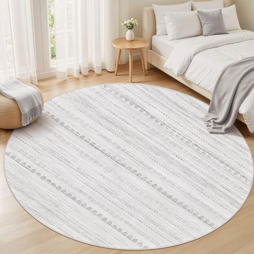 Nakagishi Round Rug Boho Area Rugs: 6x6 Washable Large Circle Neutral Soft Stain Resistant Non-Slip Carpet for Women