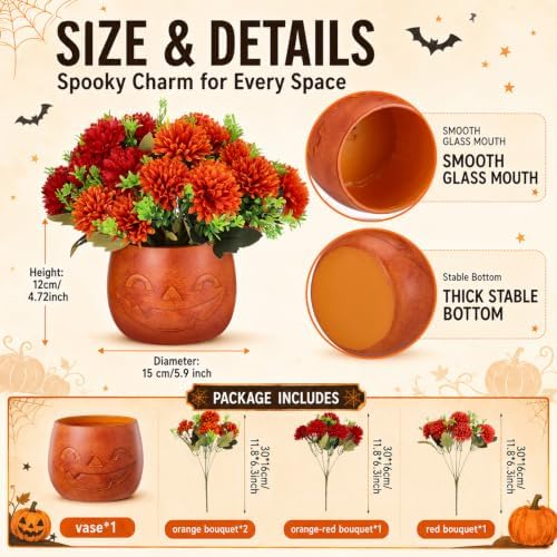 SiliFine Halloween Pumpkin Bucket Artificial Flowers Jack-o-Lantern Vase