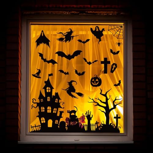 Whaline 6 Sheets Halloween Window Clings Black Castle Graveyard Bat Silhouette Reusable Window Decals for Spooky Holiday Haunted House Home Office School Glass Decor