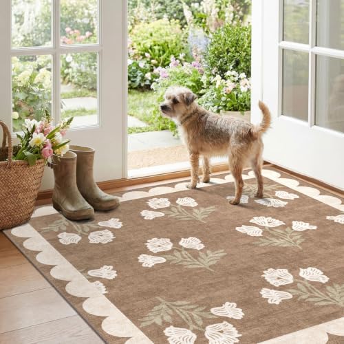 3x3 Square Entryway Rug - Non-Slip Washable Front Door Mat Indoor Outside Entrance Small Porch Rug Tan Neutral Floral