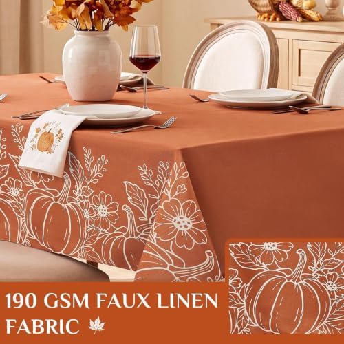 Softalker Long Fall Tablecloths 60x120 Inch Rectangular, Faux Linen Autumn Table Cloth Maple Leaves & Pumpkin Table Cover for 6/8/10 Foot Rectangle Large Tables Decor for Thanksgiving,Dining,Outdoor