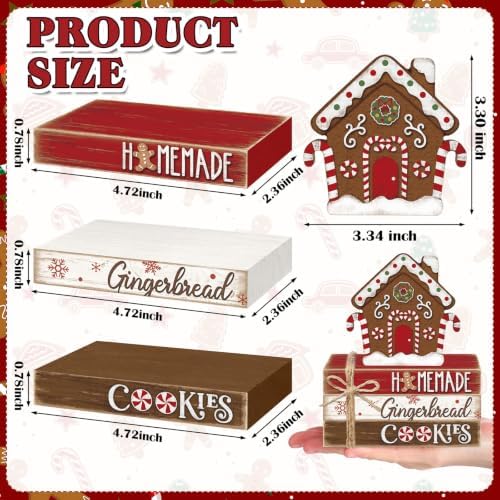 Geelin 4 Pcs Christmas Tiered Tray Decor Wooden Book Stack Signs, Gingerbread Christmas House Table Decor, Farmhouse Rustic Centerpieces for Shelf Coffee Bar Office Desk Decorations