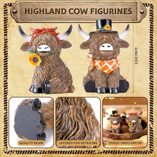 Simgoing 2 Pack Fall Highland Cow Sunflower Cow Figurines for Home Decor
