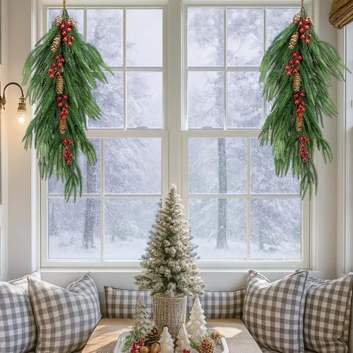 2 Pcs Artificial Christmas Teardrop Swag with Berries and Pinecones, Faux Berry Pine Branch Teardrop Door Swag, Norfolk Wreath Greenery Staircase Swags for Xmas Door Mantle Fireplace Decor