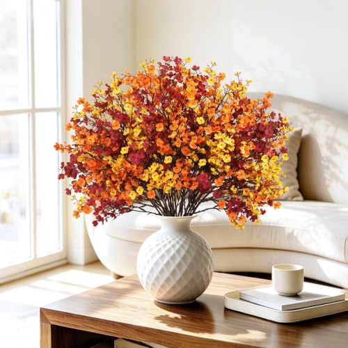 Uieke 15Pcs Fall Artificial Flowers Baby Breath, Burgundy & Orange Flowers