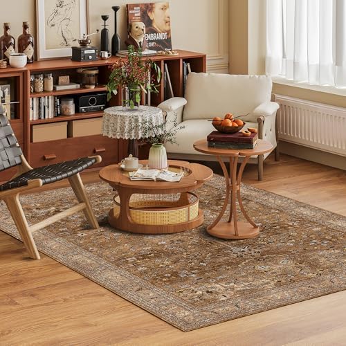Washable Area Rug 4' x 6' Vintage Traditional Persian Mat - Foldable Distressed Non-Slip Machine Washable Carpet for