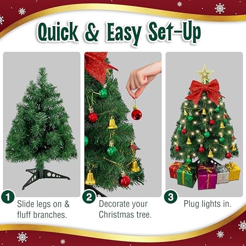 Small Christmas Tree with Lights - 23 Inch Mini Tabletop Christmas Tree with Warm-White LED Lights, Hanging Ornaments, Decorative Bow and Gift Boxes - Prelit Table Tree for DIY Christmas Decoration