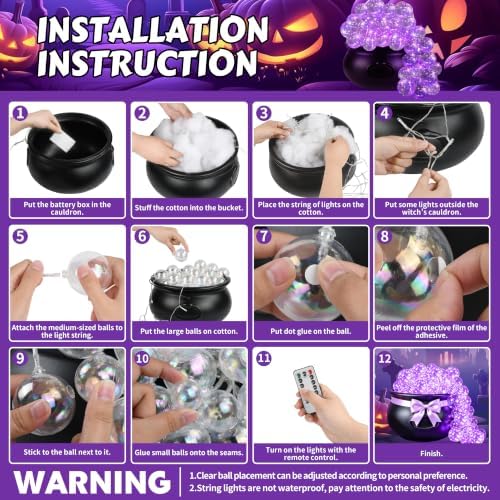 Halloween Witches Cauldron Decorations, DIY Bubbling Large Cauldron Bowl Set with Clear Plastic Balls, Purple String Light and Purple Ribbon for Halloween Hocus Pocus Party Indoor Outdoor Decor
