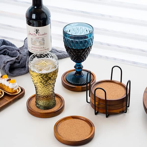 Holder / Acacia Wood Cork Coasters / Brown / Set of 6