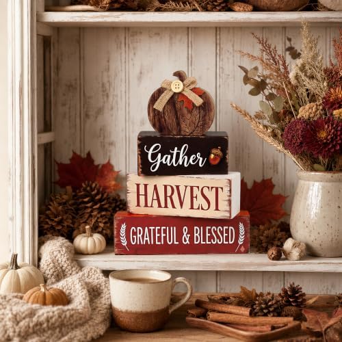 PAPER FAIR Fall Wood Block Sign, Rustic Autumn Pumpkin Stacked Table Centerpiece, Gather Harvest Grateful Blessed Farmhouse Tiered Tray Decor, Thanksgiving Home Mantel Desk Decoration