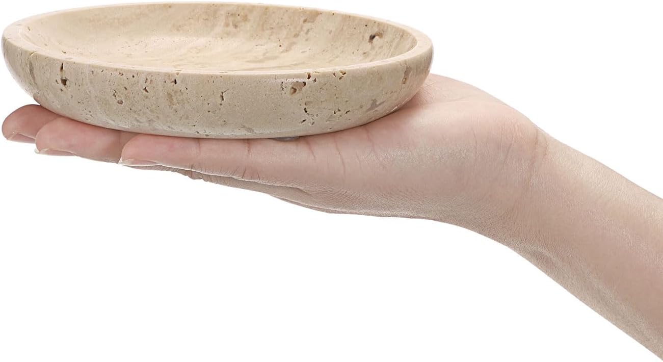 Round Decorative Ring Holder Dish Natural Travertine Stone Trinket Tray / Beige / 5.5