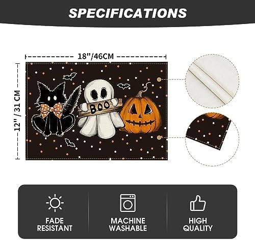 Artoid Mode Polka Dot Ghost Pumpkin Cat Boo Halloween Placemats Set of 6, 12x18 Inch Seasonal Fall Table Mats for Party Kitchen Dining Decoration