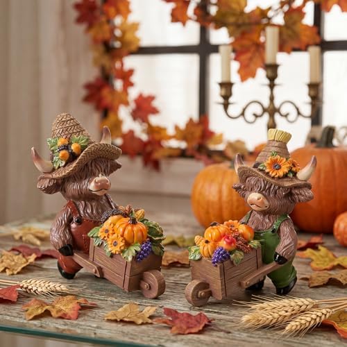 Karenhi 2 Pcs Fall Highland Cow Figurines, Harvest Wheelbarrow Decor