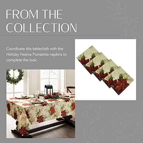 Festive Poinsettia Holiday Fabric Tablecloth, Multicolor - 60" W x 84" L Oval