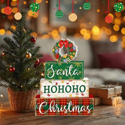 Britimes Christmas Santa Tiered Tray Decor Set, 4 Pack, Wooden Table Sign