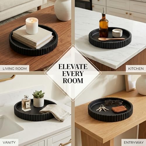 OAKOA Black Round Tray for Home Decor - Black Tray Decorative Centerpiece