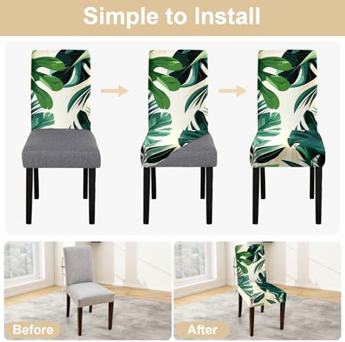 Tropical Leaf Chair Covers for Dining Room – Stretch Removable Washable Seat Slipcovers for Kitchen, Banquet, Wedding, Party – Modern Botanical Green Plant Print Decor,Set of 6